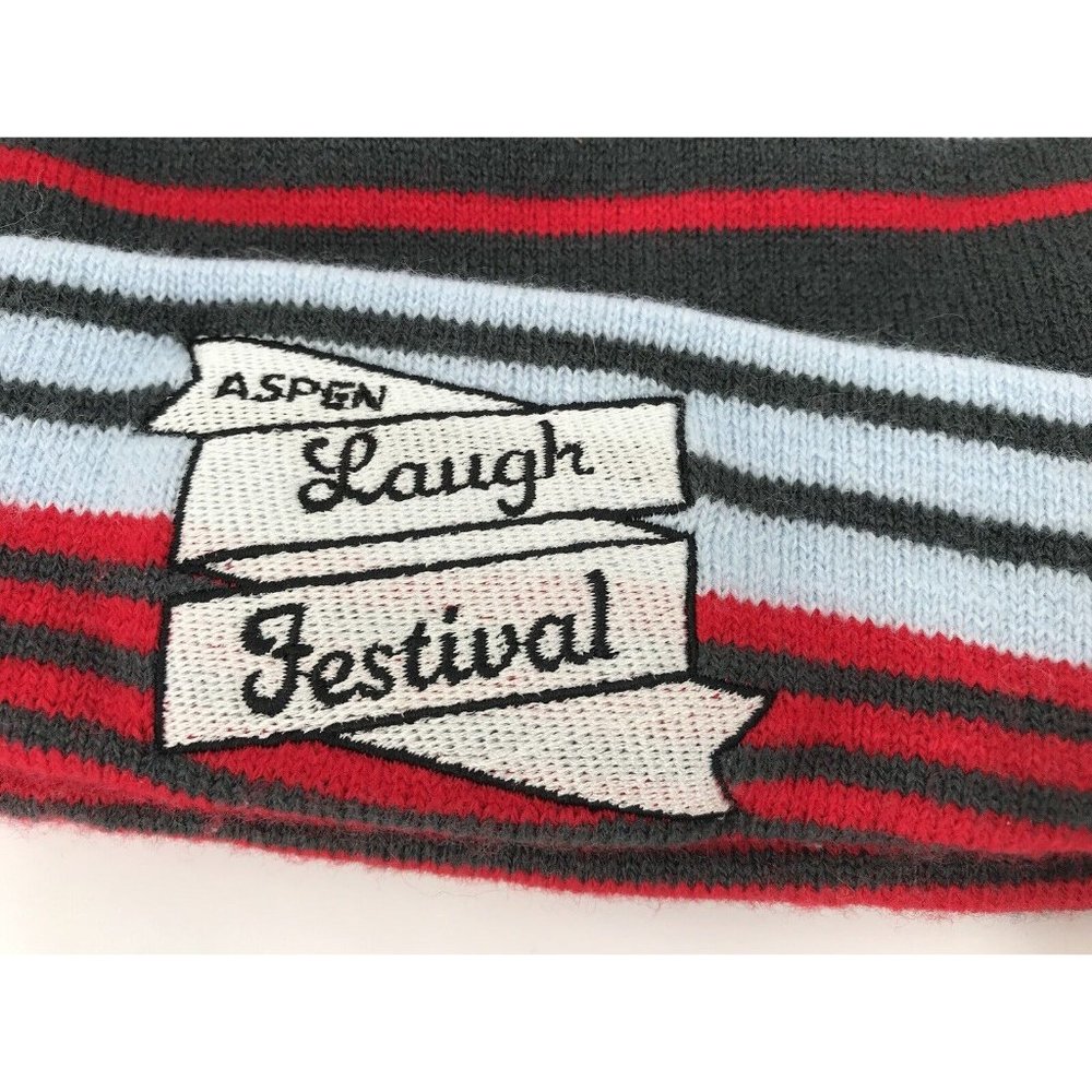 Aspen Beanie Hat‎ Cap Aspen Laugh Festival Wheeler Striped Pom Pom Gray Red Blue